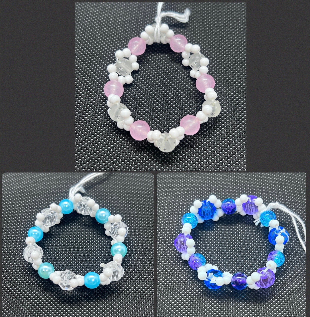 Set of 3 Beaded Pattern Bracelets - Pink Amethyst, Blue, and Purple.
